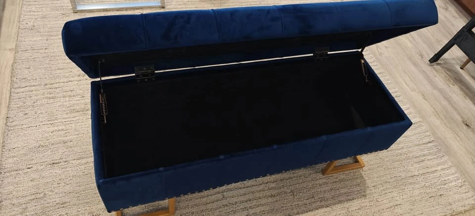Blue Velvet Tufted Storage Ottoman Bench Gold Base - photo 3