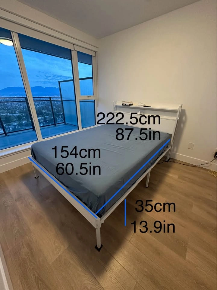 Queen Bed Frame w/ Aurora Star Projector - White Metal/Wood