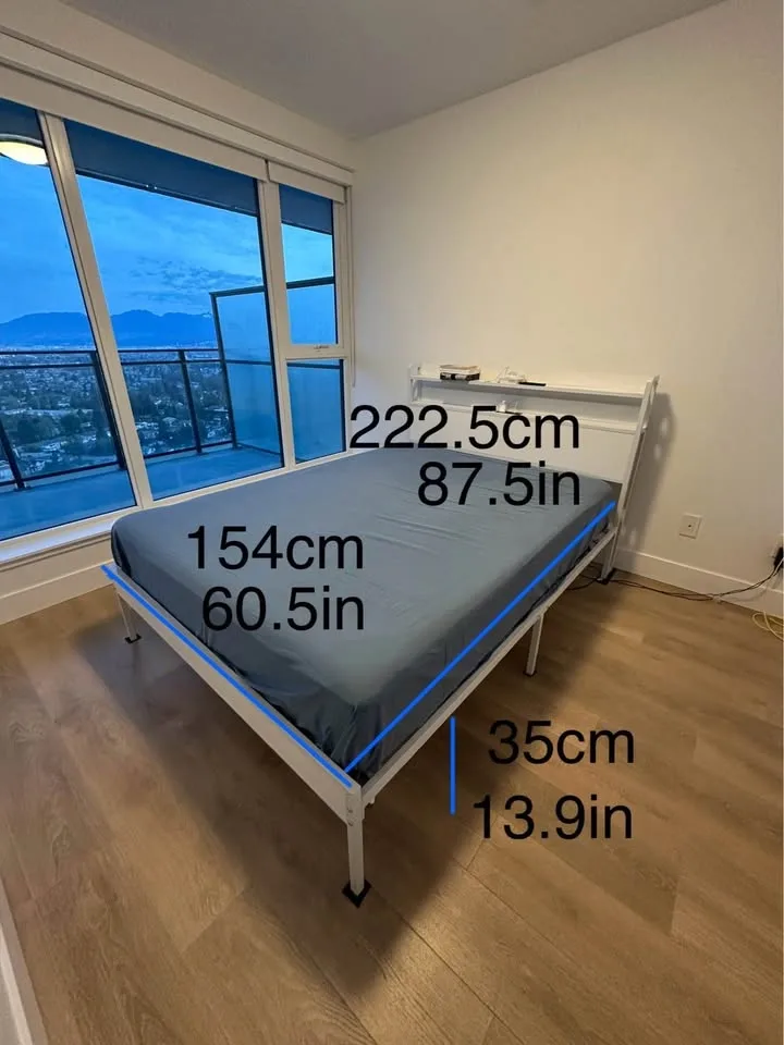 Queen Bed Frame w/ Aurora Star Projector - White Metal/Wood
