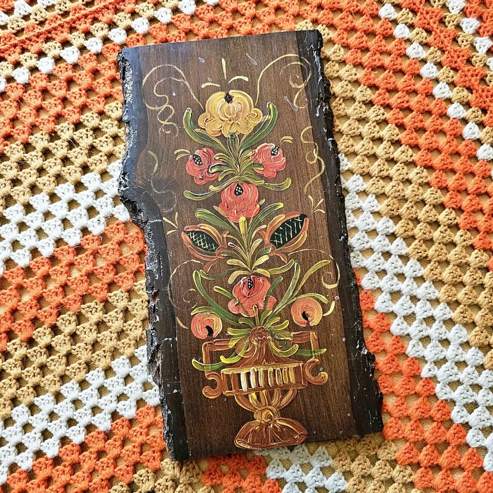 Vintage Folk Art Hand Painted Scandinavian Floral Plaque