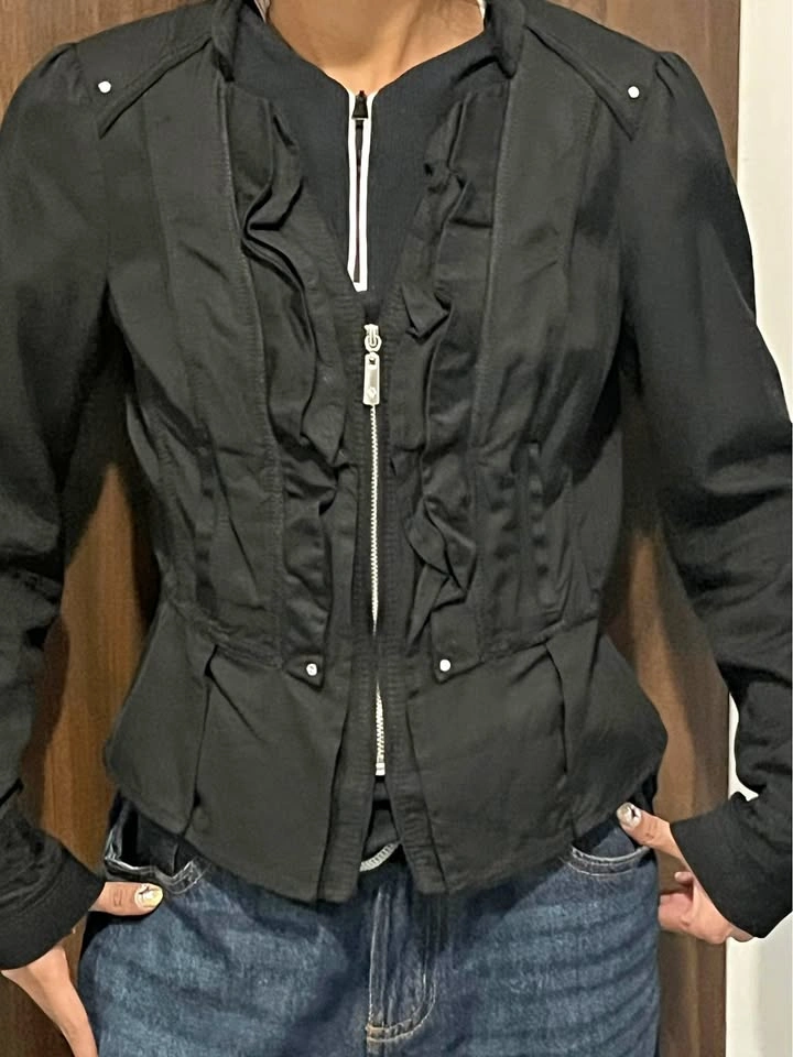 Black Ruffle Zip-Up Jacket