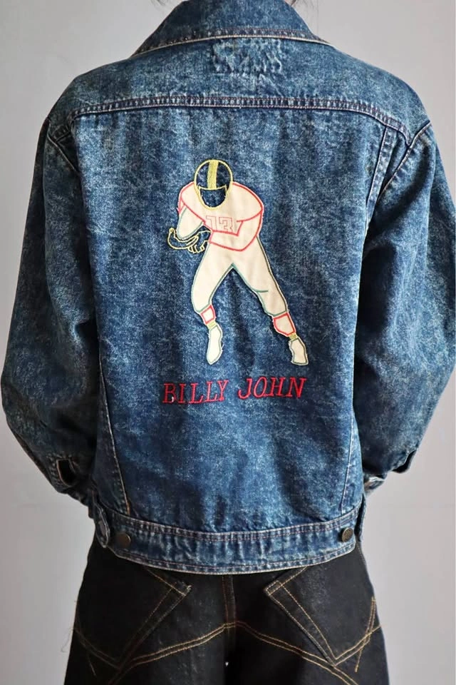 Billy John Acid Wash Denim Jacket M Football Embroidery