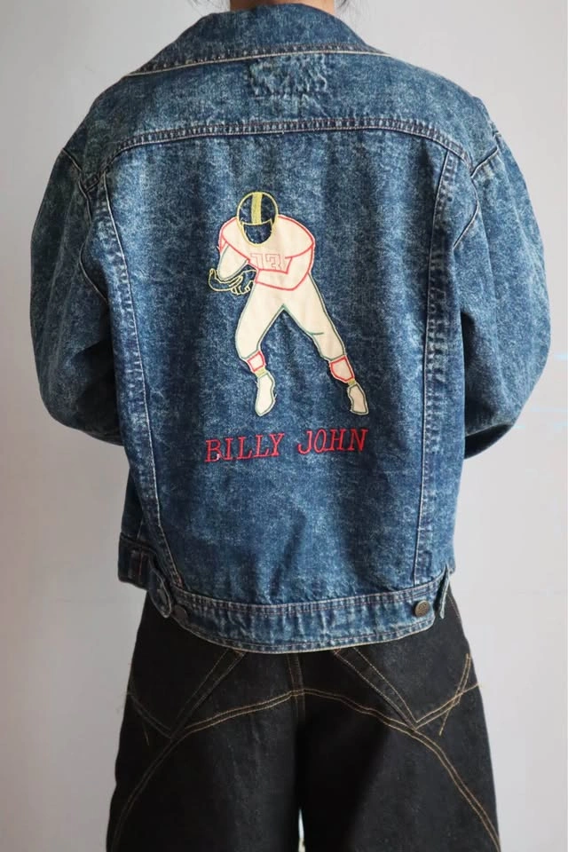 Billy John Acid Wash Denim Jacket M Football Embroidery - photo 4