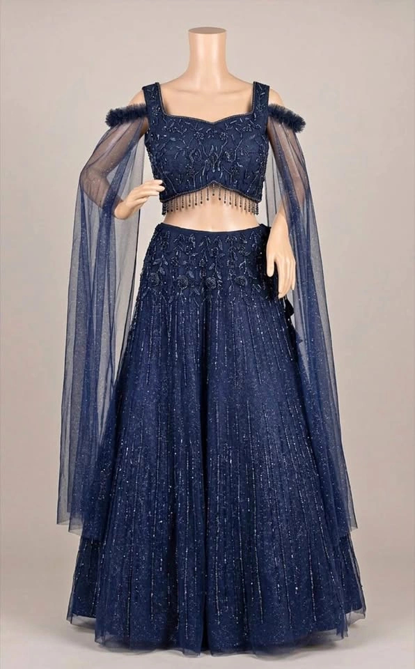 Brand New Midnight Blue Beaded Lehenga Set with Cape Sleeves - S
