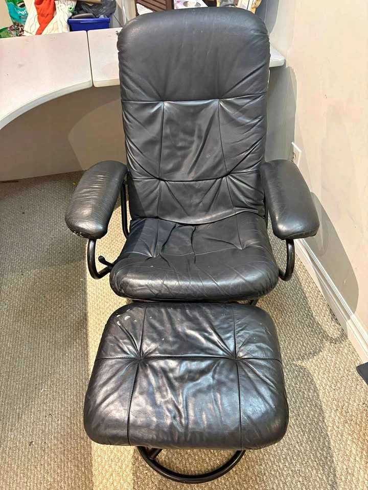 Black Leather Recliner Chair and Ottoman