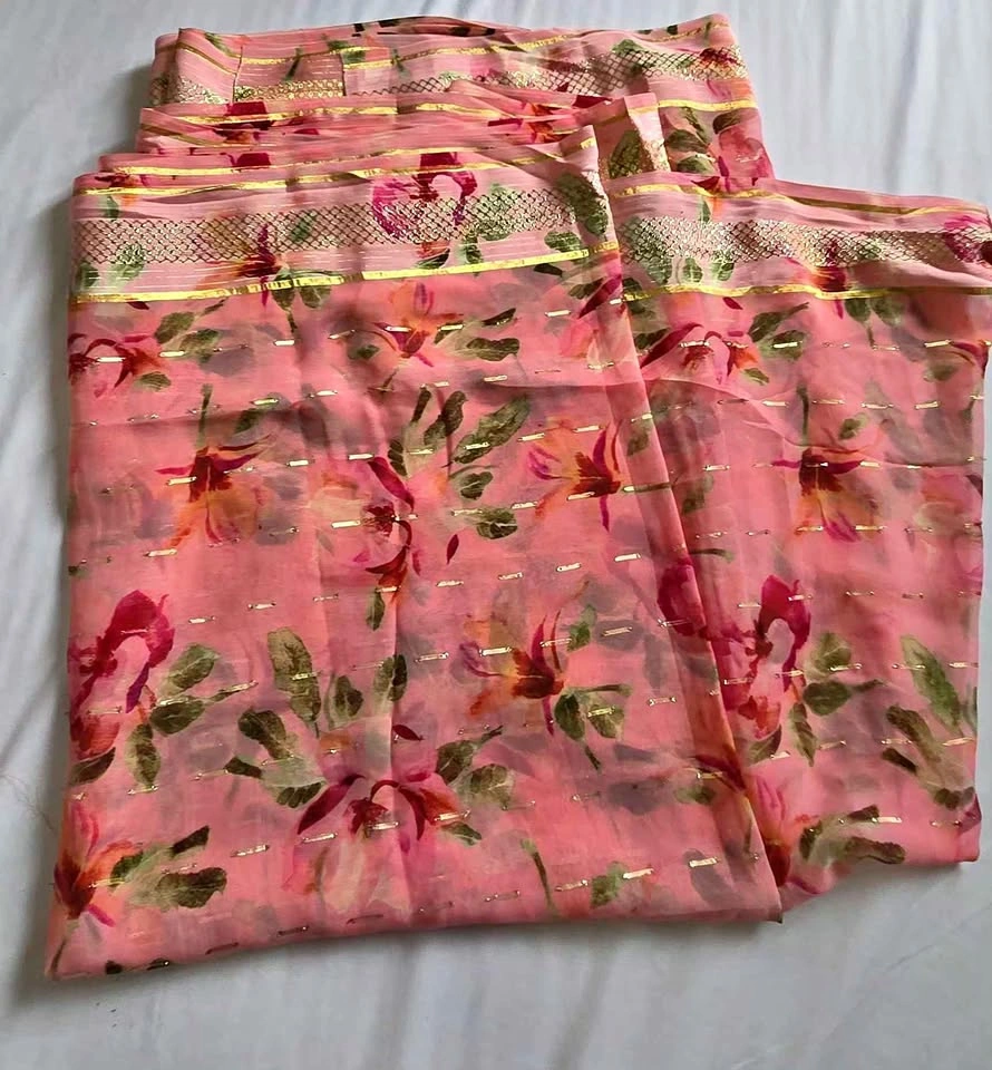 Pink Floral Georgette Saree with Gold Accents