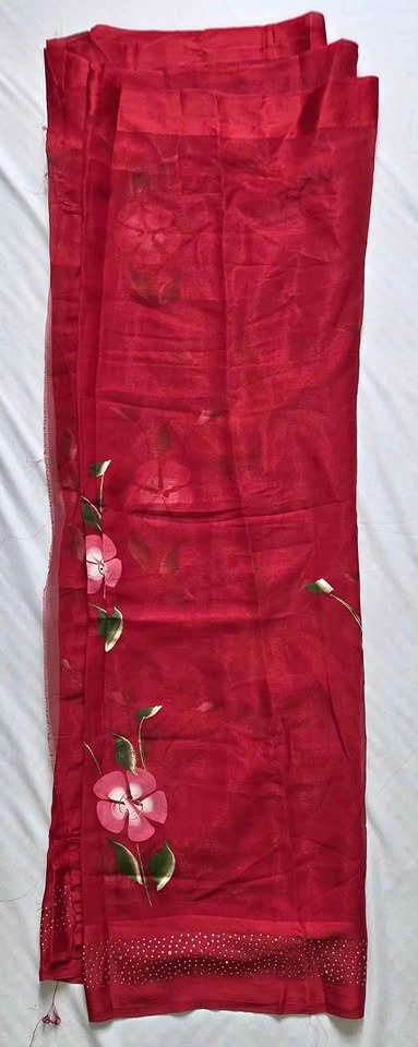 Red Hand Painted Floral Saree with Glitter Blouse