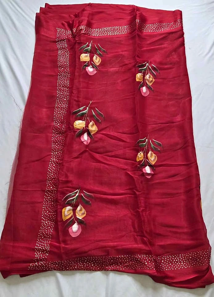 Red Hand Painted Saree with Blouses