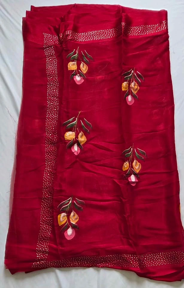Red Hand Painted Saree with Blouses - photo 2