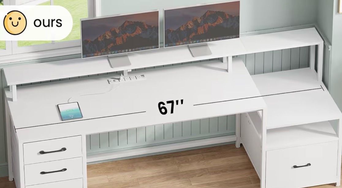 White Computer Desk with 5 Drawers & Power Outlet - photo 2