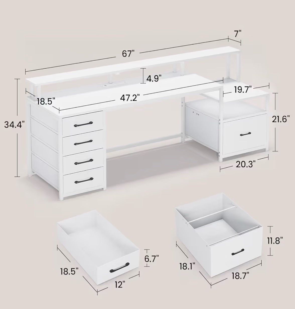 White Computer Desk with 5 Drawers & Power Outlet - photo 3
