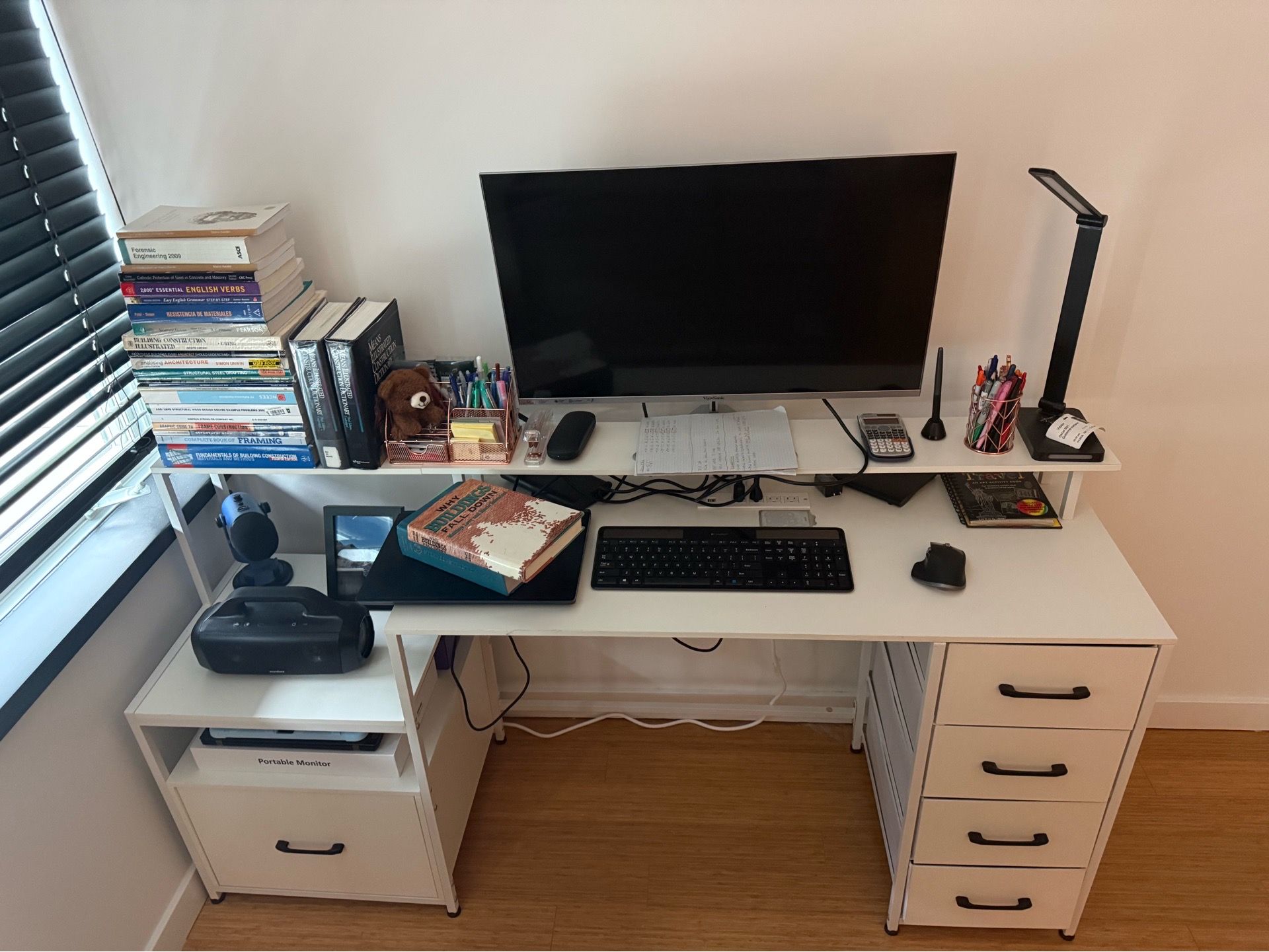 White Computer Desk with 5 Drawers & Power Outlet - photo 5