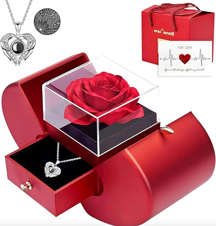 Brand New Preserved Red Rose Heart Box with 925 Sterling Silver