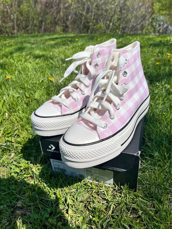 Converse Pink Gingham High Tops Women’s Shoes - Size 7