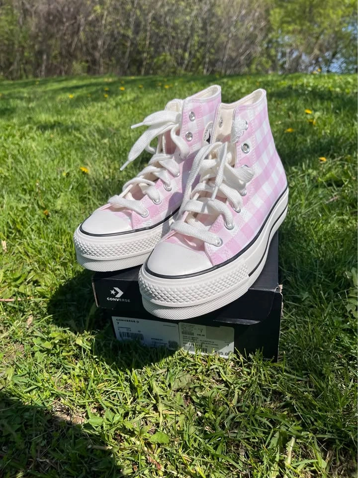 Converse Pink Gingham High Tops Women’s Shoes - Size 7 - photo 4