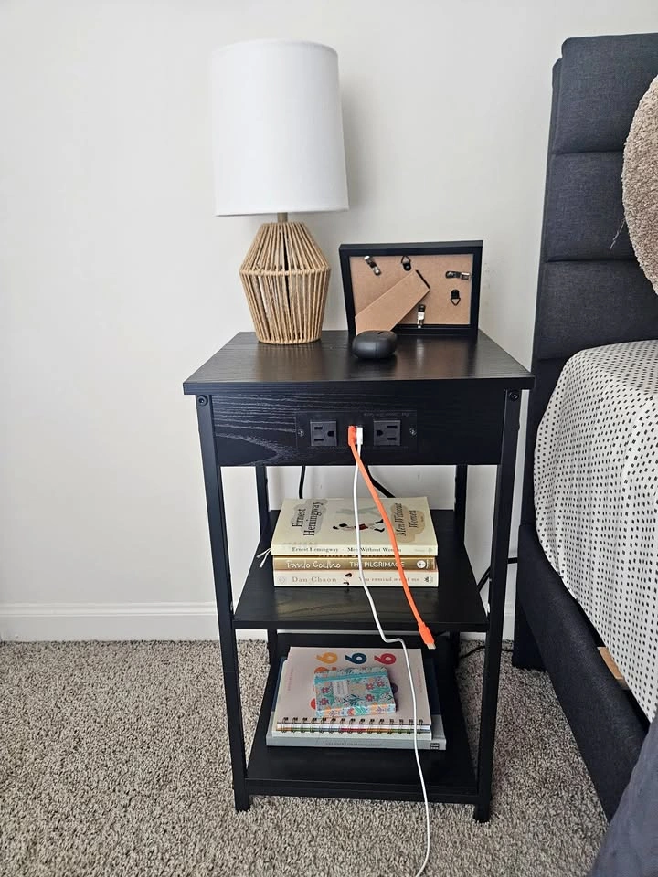 3-Shelf Bedside Table with 2 AC Outlets & 2 USB Ports