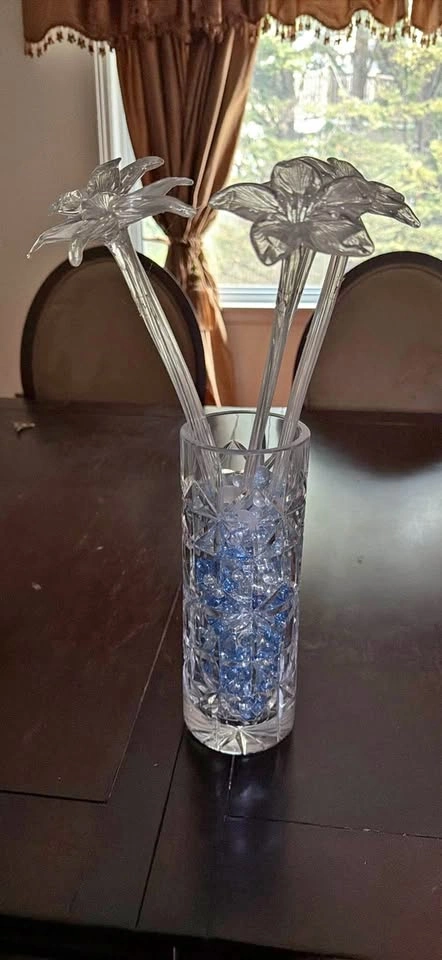 Cut Glass Vase with 5 Glass Flowers