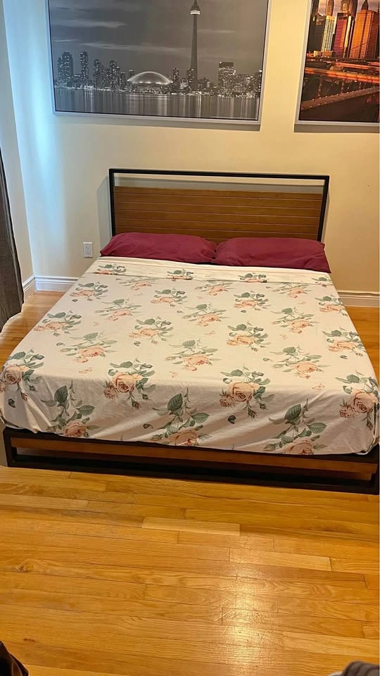 Sturdy Queen Black Metal + Dark Wood Bed Frame