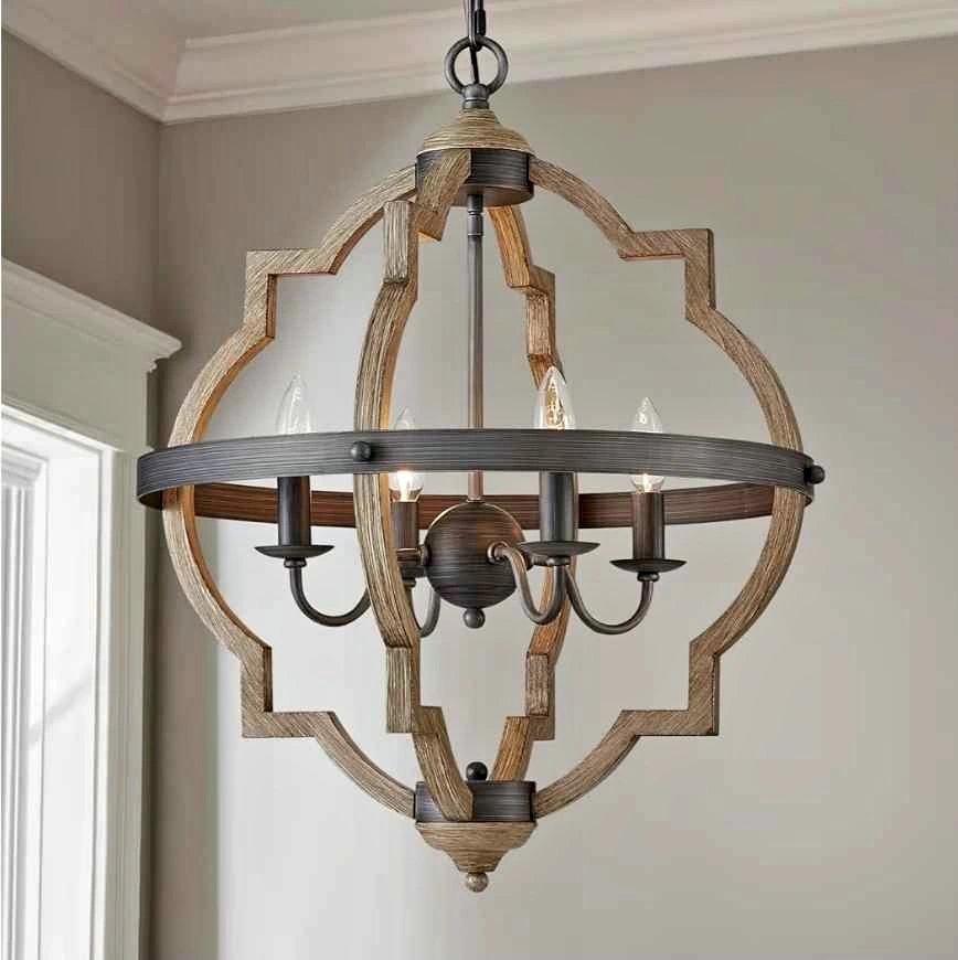 Farmhouse Globe Chandelier 4 Light Rustic Oak, New