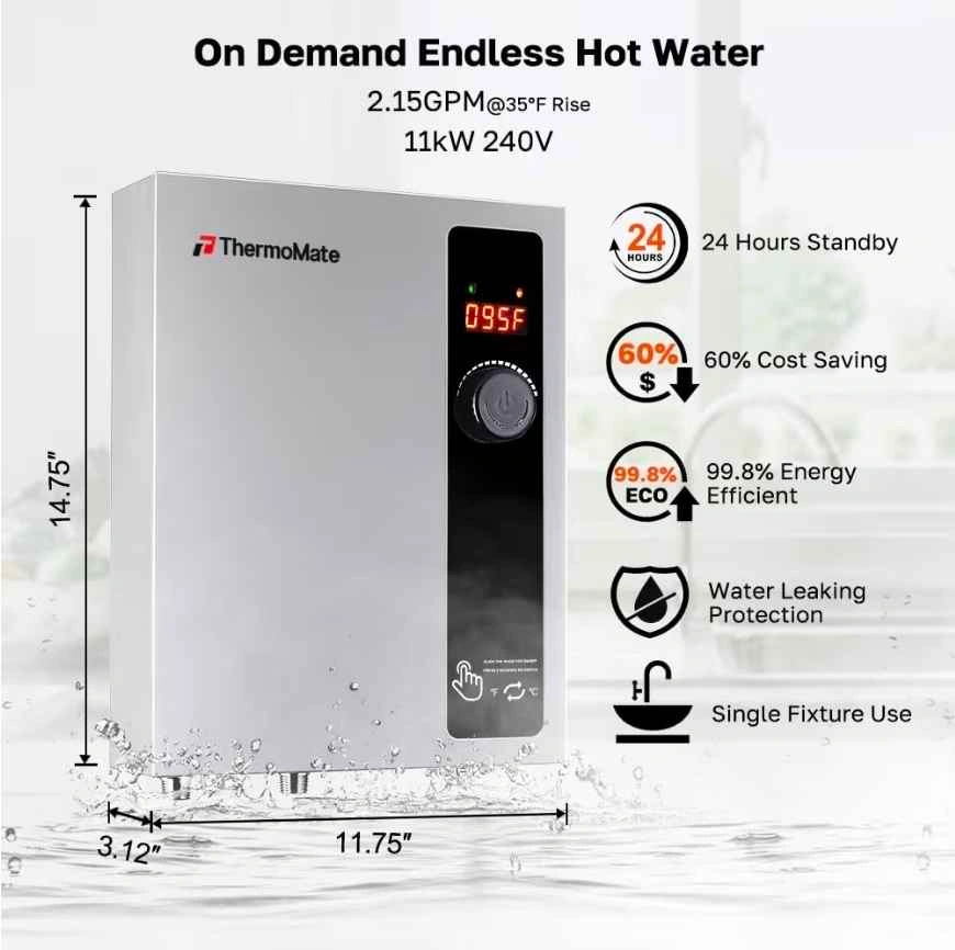 Tankless Electric Water Heater 11kW Instant Hot Water, New - photo 2