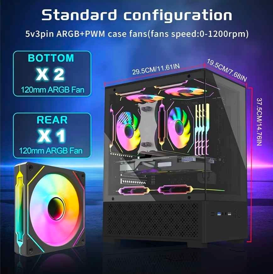 Micro ATX Gaming PC Case ARGB Fans Dual Glass, New - photo 2