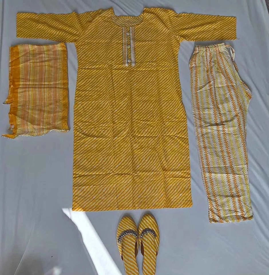 4-Piece Yellow Leheriya Kurta Set with Dupatta and Shoes