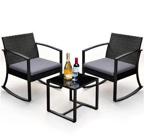 3-Piece Outdoor Wicker Rocking Chair Set with Glass Top Side Tab