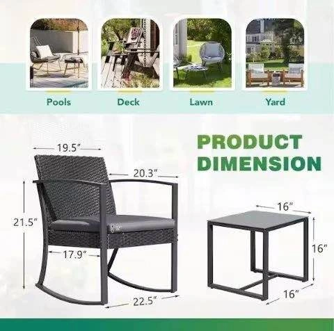 3-Piece Outdoor Wicker Rocking Chair Set with Glass Top Side Tab - photo 2