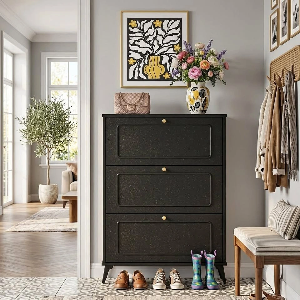 Slim Black Wooden Shoe Cabinet - 3 Flip Drawers