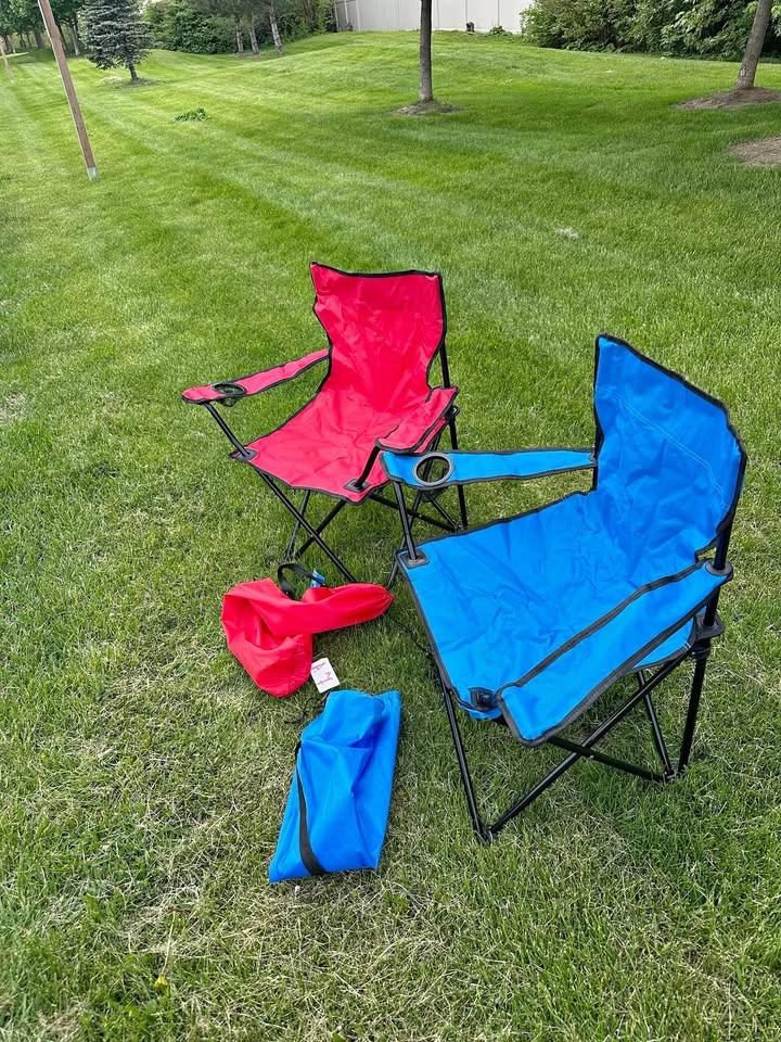 Set of 2 Folding Camping Chairs Red Blue w/ Cup Holders & Bags