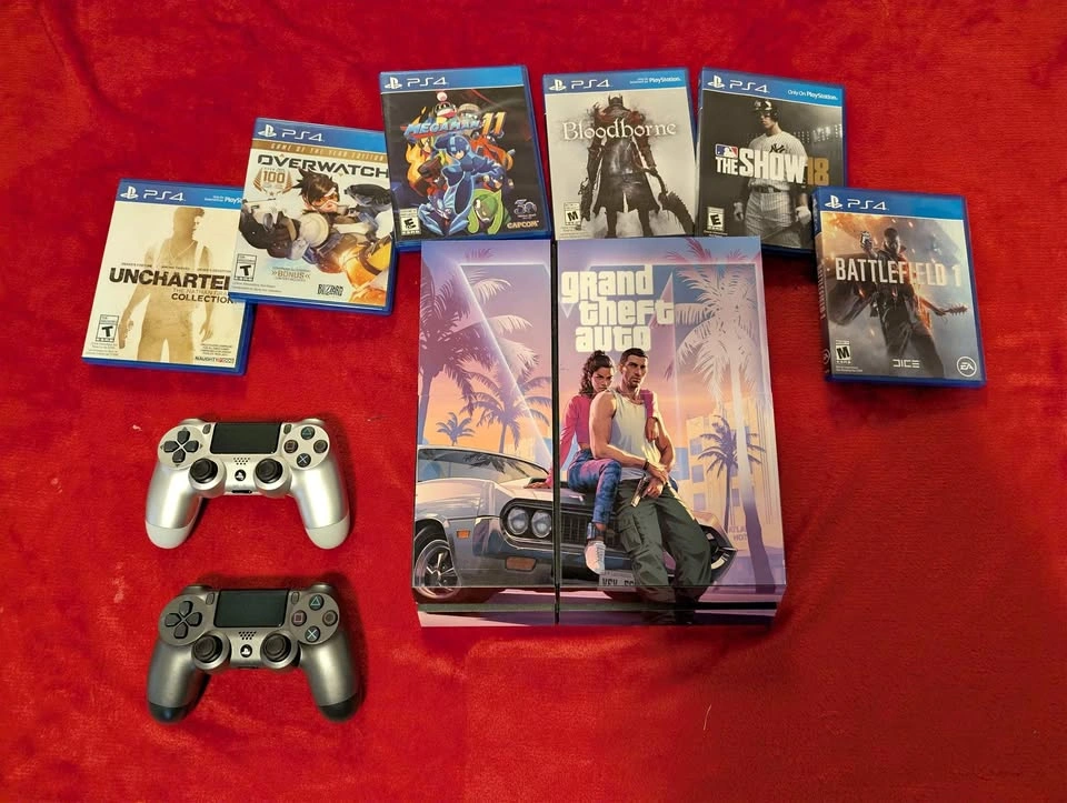 PS4 with GTA VI Custom Skin - 6 Games & 2 Controllers