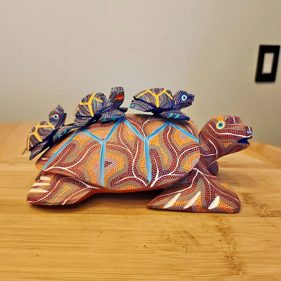 Tilley The Turtle, and Babies, Carved Wood Painted Decor