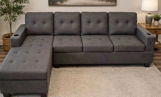 Dark Gray Sectional Sofa w/ Chaise & Cup Holders - Free Delivery