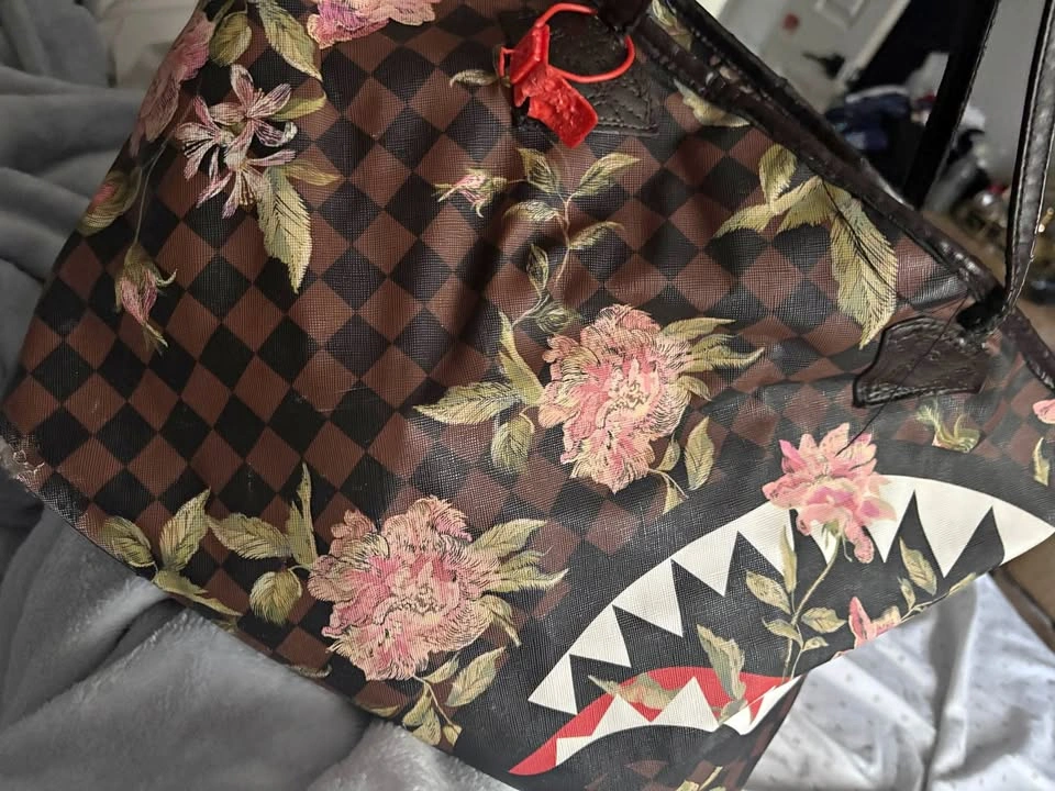 Sprayground Floral Shark Tote Bag Brown Checkered Large Tote Pur