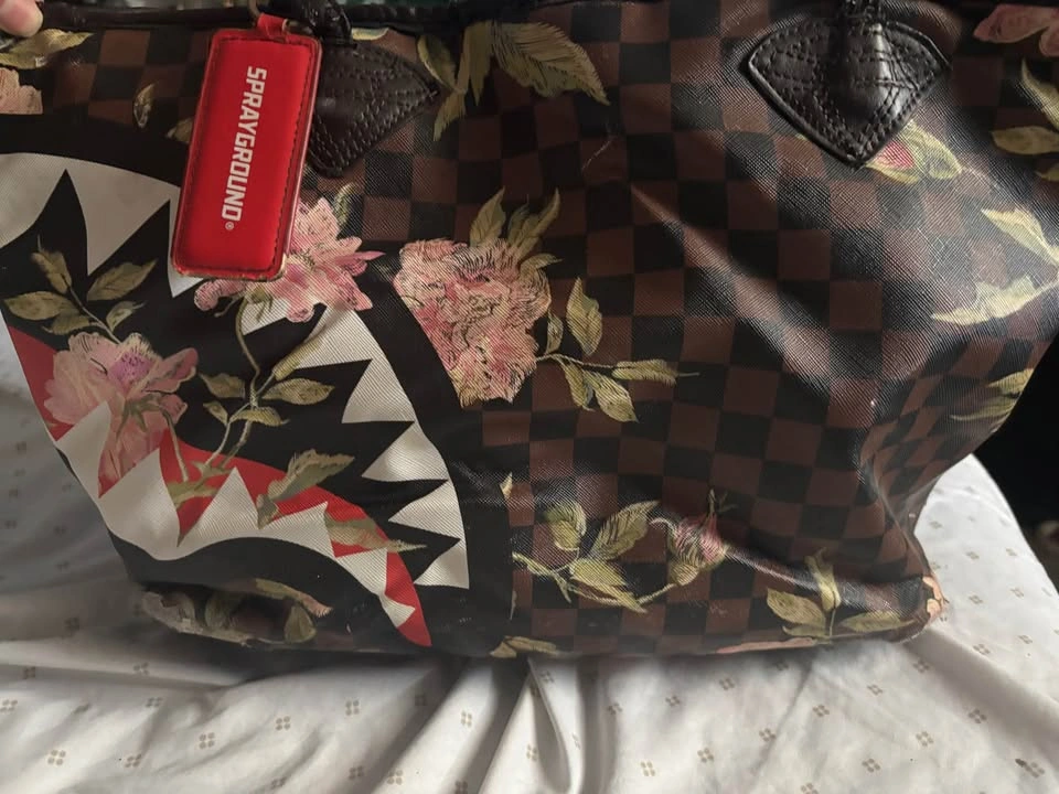 Sprayground Floral Shark Tote Bag Brown Checkered Large Tote Pur - photo 2