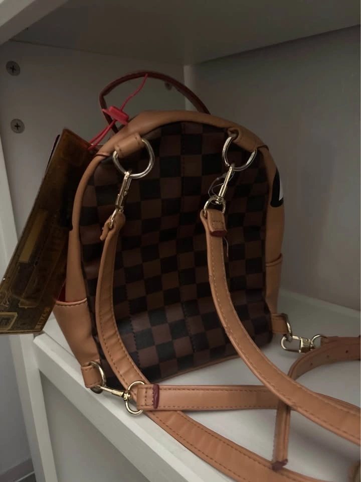Sprayground Mini Backpack Brown Checkered Shark Mouth Bag - photo 4
