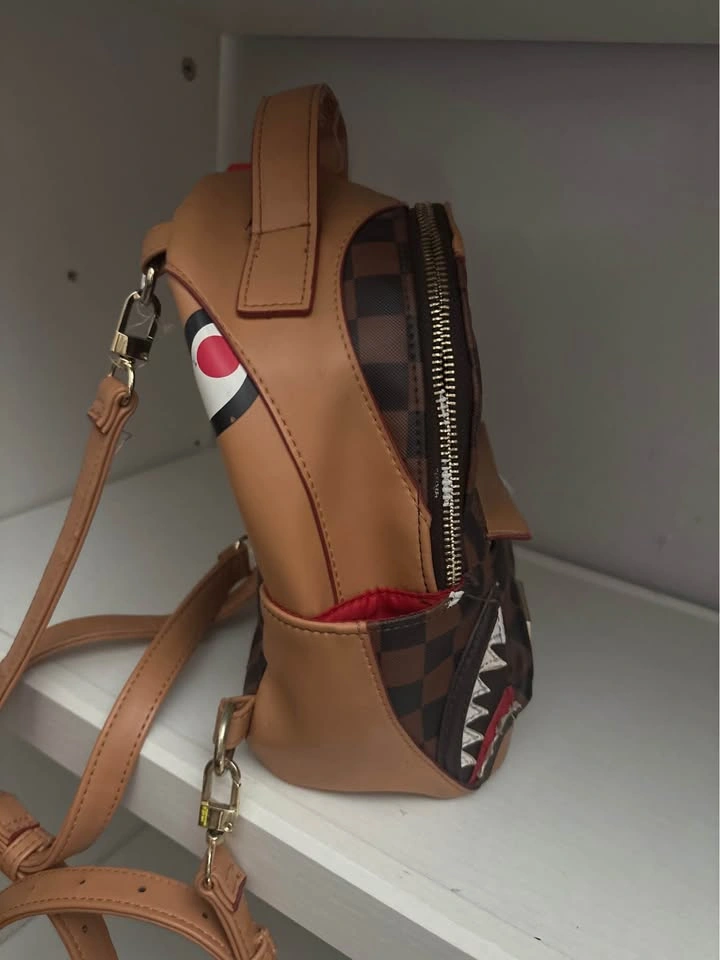 Sprayground Mini Backpack Brown Checkered Shark Mouth Bag - photo 5
