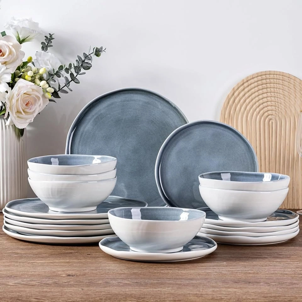 LERATIO Dinnerware Set for 4 – 12pcs Blue Wavy Edge