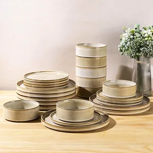 AmorArc 24pc Ceramic Dinnerware Set – Reactive Glaze Plates & Bo