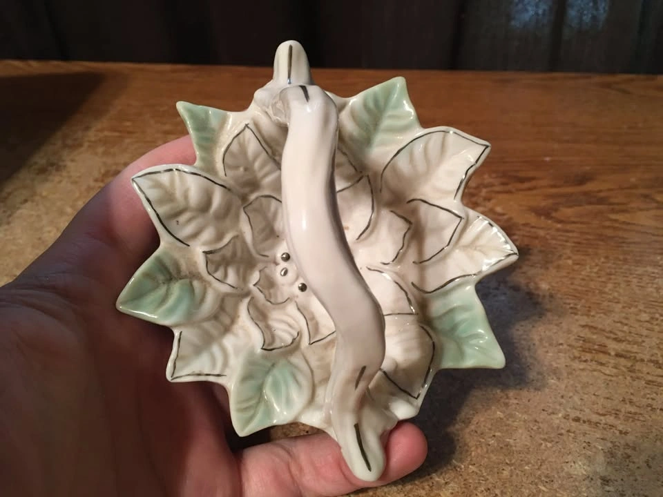 Small Porcelain Handled Basket White Green Flower Silver Tone Ou - photo 3