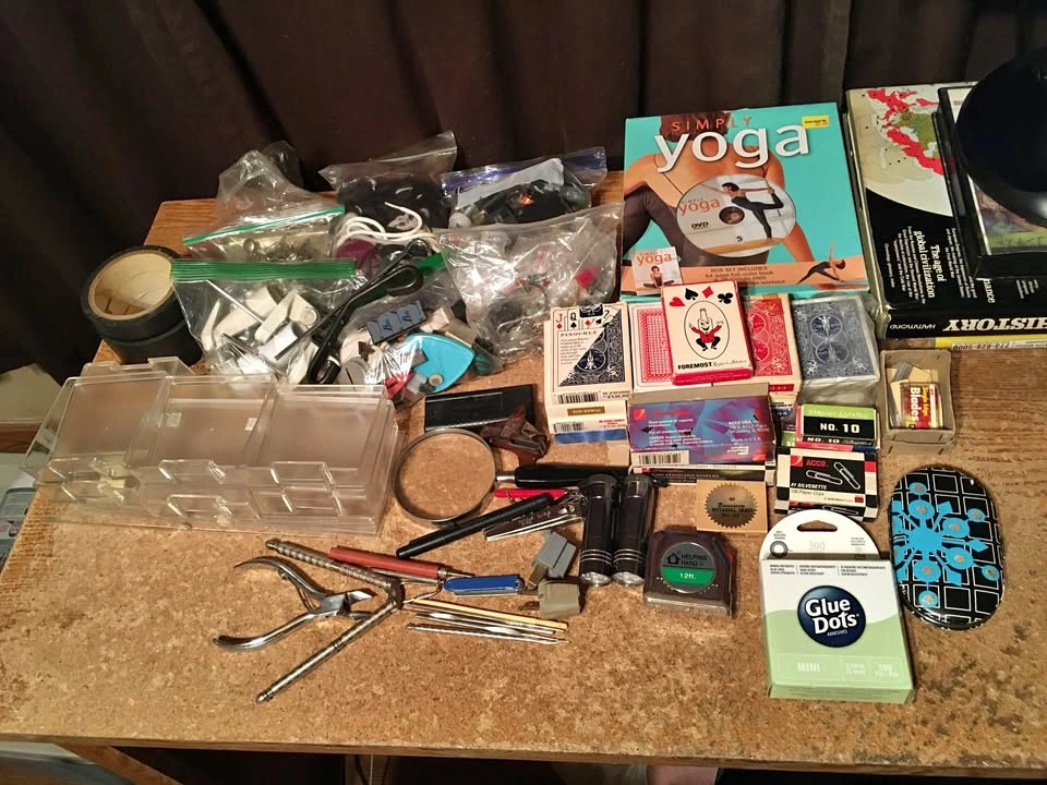 Junk Drawer Lot: Clippers, Shoelaces, Tape, Cards, Yoga Tape & M