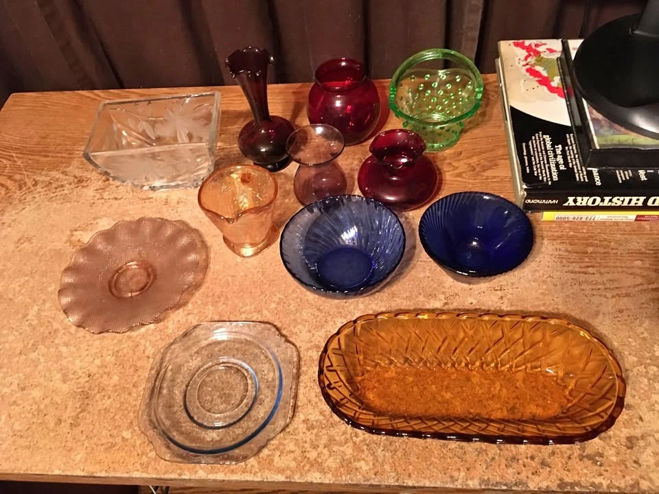 Lot of 12 Colored Glass Bowls, Vases & Plates