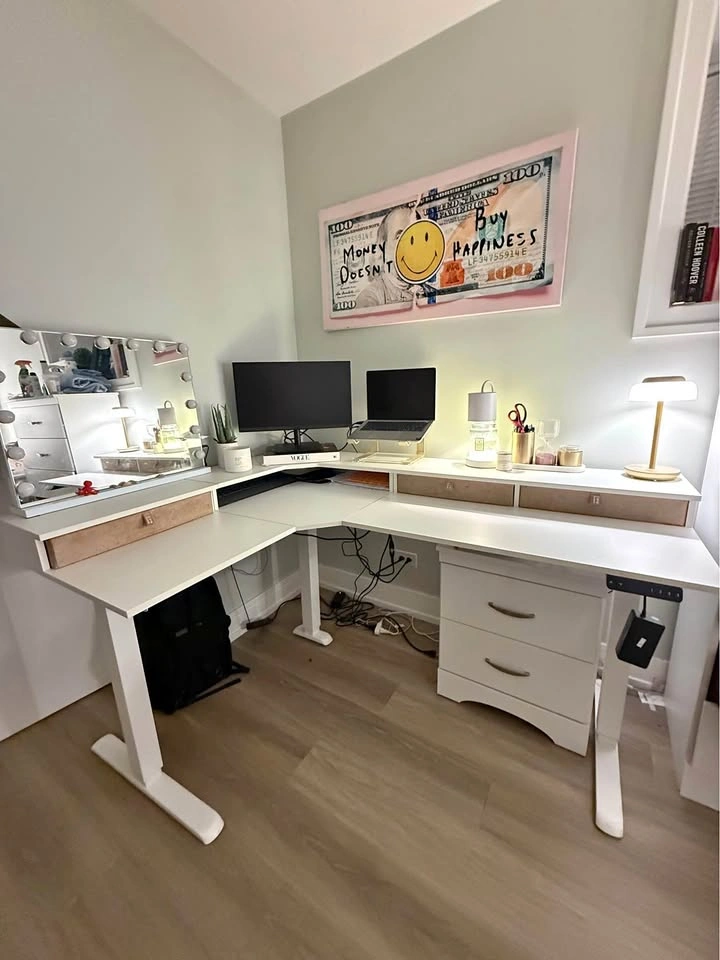 Fezibo Triple Motor L Shaped Standing Desk White 63"x48"
