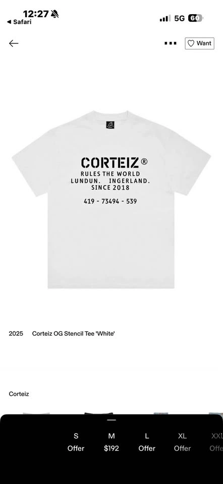 Corteiz OG Stencil Tee 'White' - Size Large