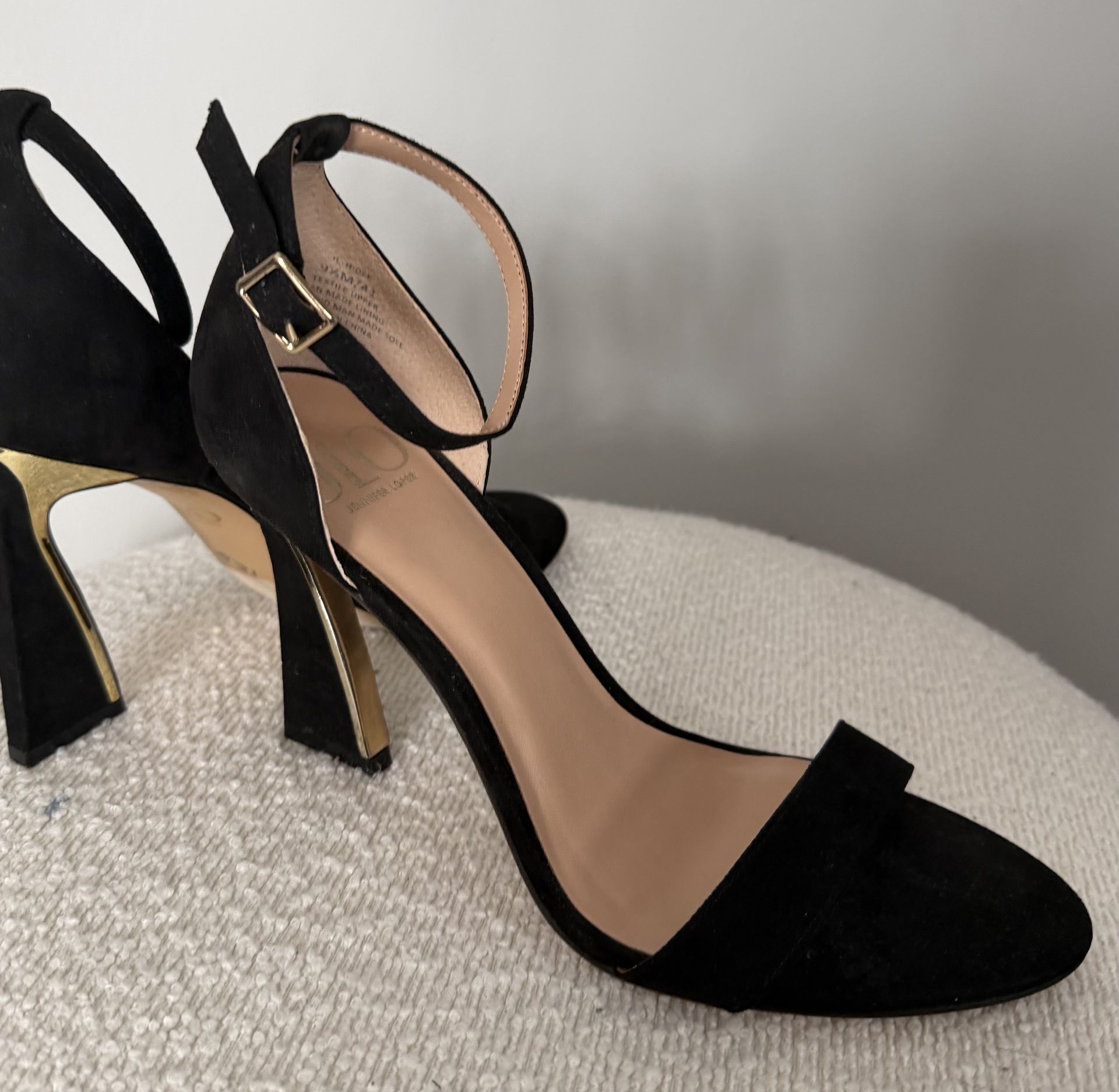 Like New JLO Black Suede Open Toe Heel with Gold Accent Size 9.5