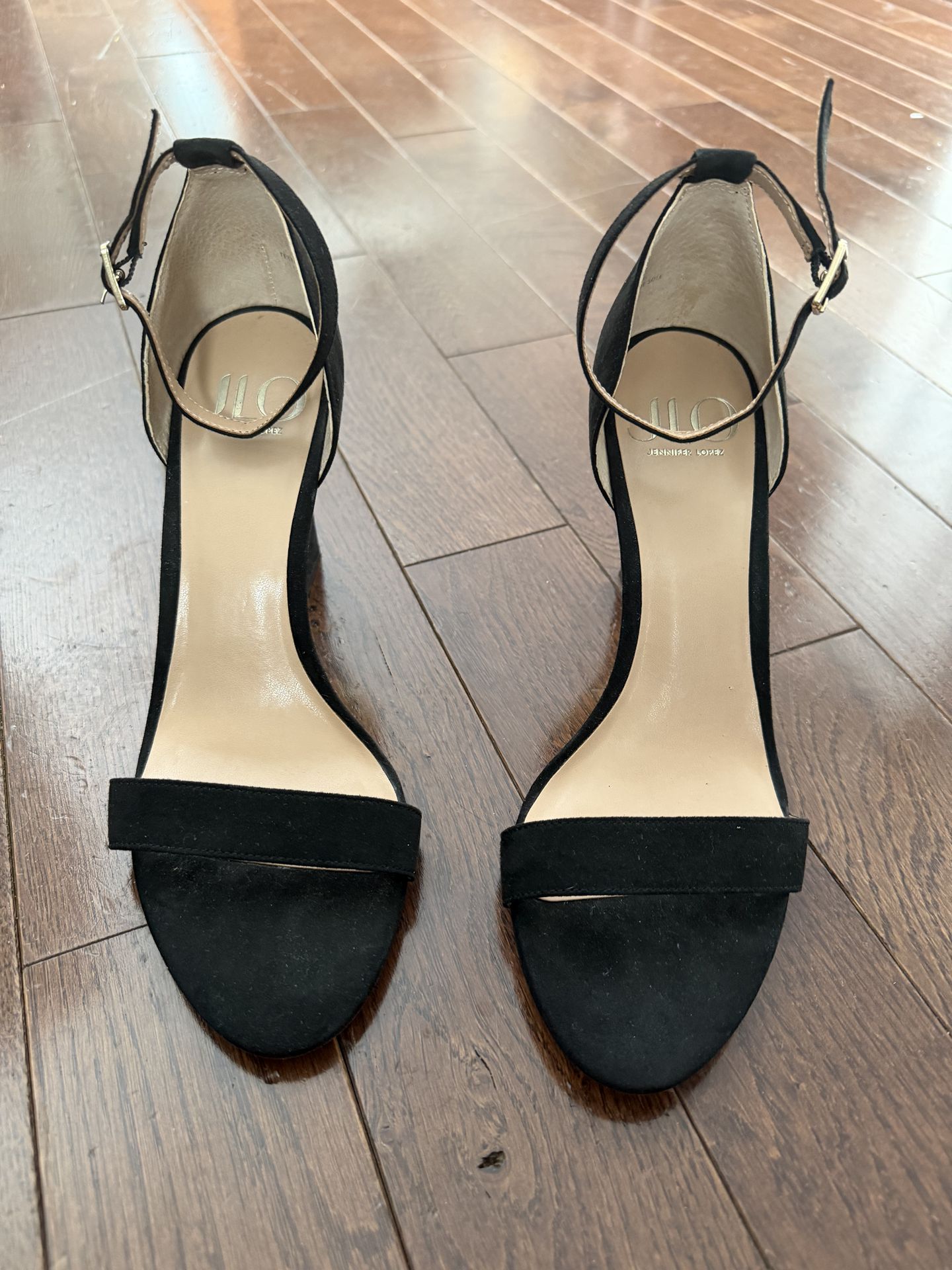 Like New JLO Black Suede Open Toe Heel with Gold Accent Size 9.5 - photo 3