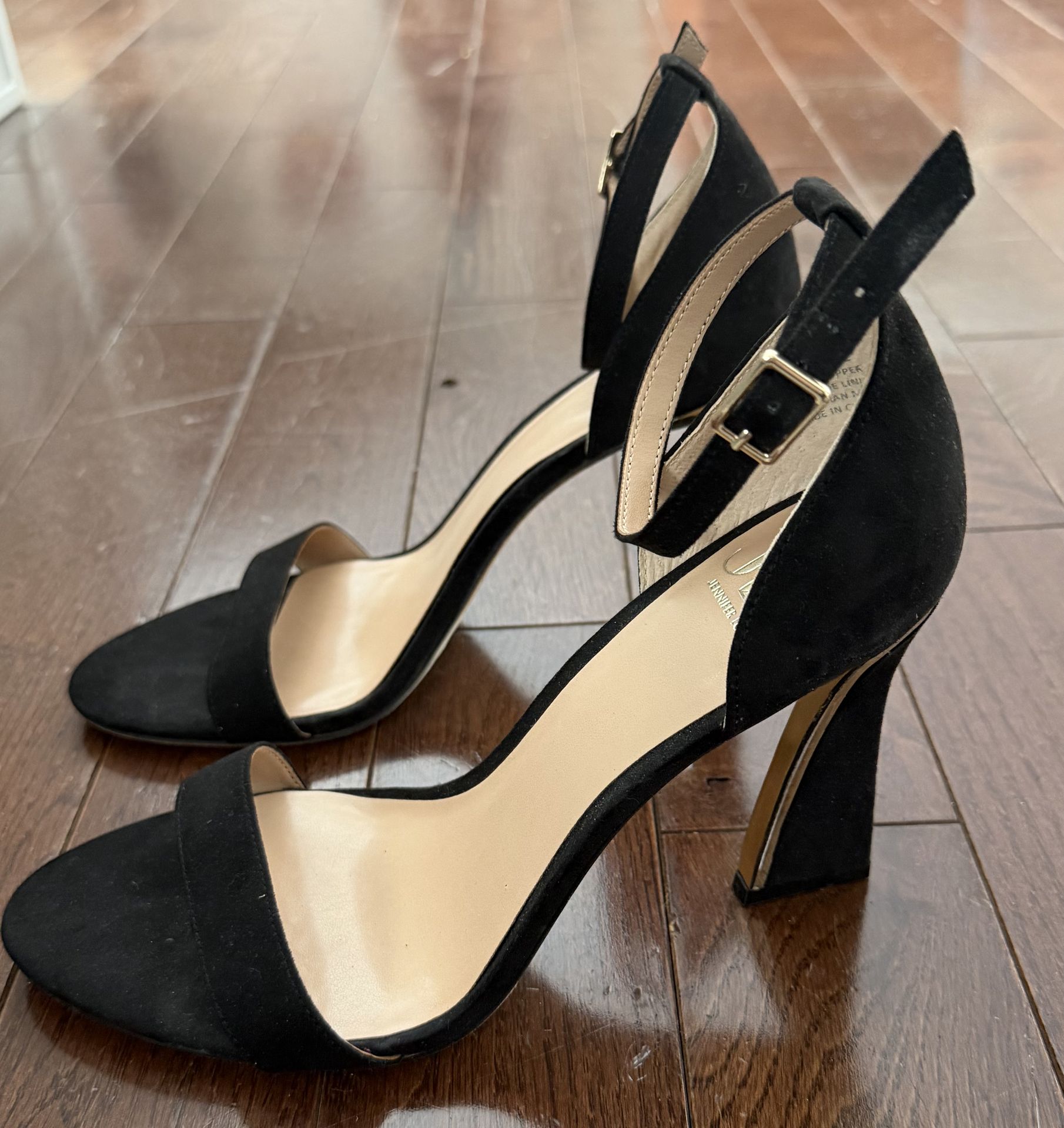 Like New JLO Black Suede Open Toe Heel with Gold Accent Size 9.5 - photo 5