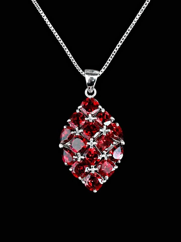 Garnet Cluster Pendant Necklace in Sterling Silver