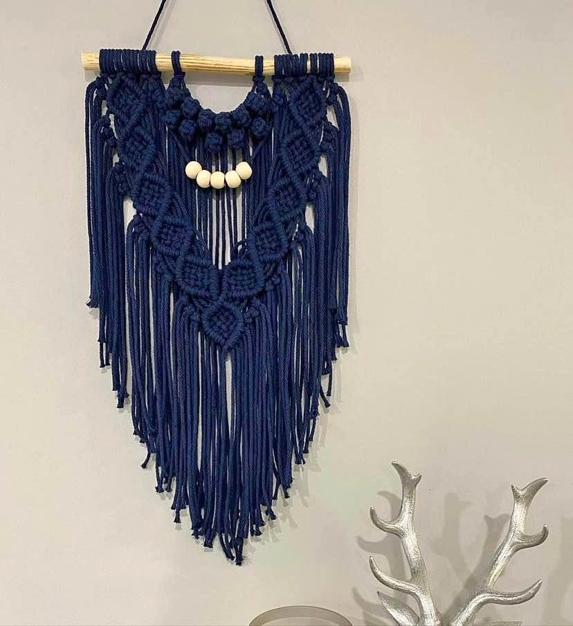 Macrame Navy Blue Beaded Wall Piece