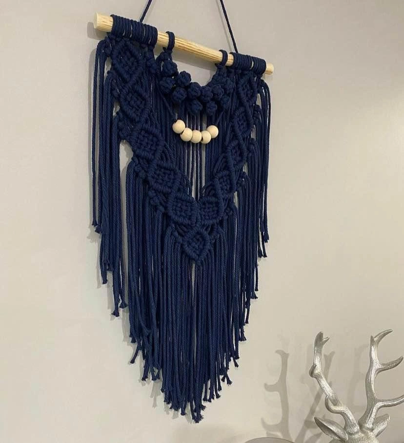 Macrame Navy Blue Beaded Wall Piece - photo 2